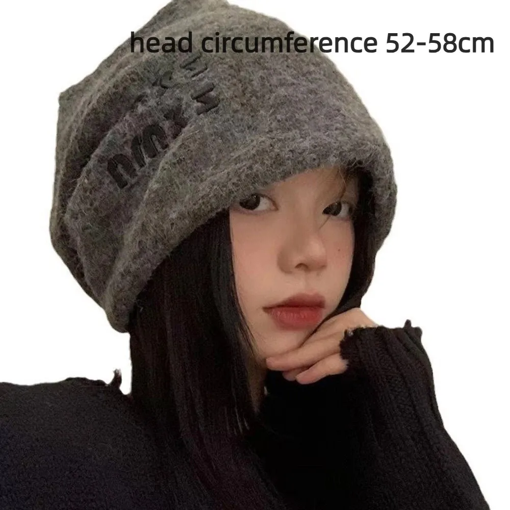 Autumn Winter Slouchy Beanie Hat Letter Big Size Cold Hat Face Slimming Soft Crochet Hat For Daily Wear