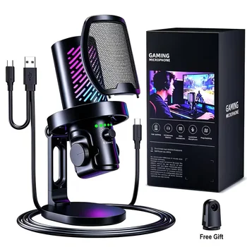 Tenlamp RGB USB Gaming Microphone for PC Mac PS4 PS5, Professional Condenser Mic with Gain Control & Headphone Jack, Noise Cancelling Streaming Mic for Podcast Recording YouTube Desktop Laptop