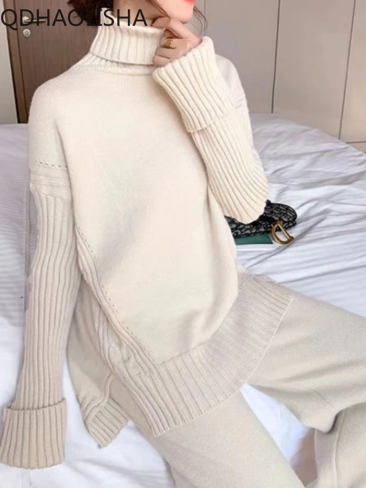 

2 Piece Sets Womens Outfits Autumer Winter Tracksuit Knit Sweater Pullovers High Collar Elasticity Wide Leg Pants Two Piece Set