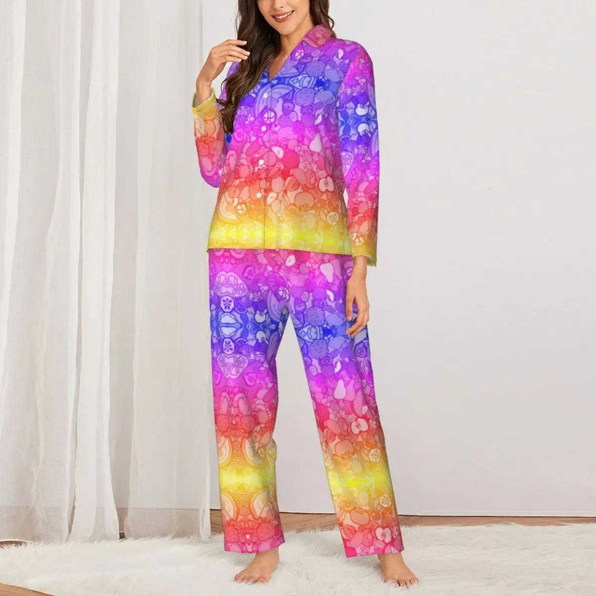 

Bright Fruit Doodle Sleepwear Autumn Rainbow Print Casual Oversize Pajama Sets Female Long Sleeves Romantic Home Home Suit