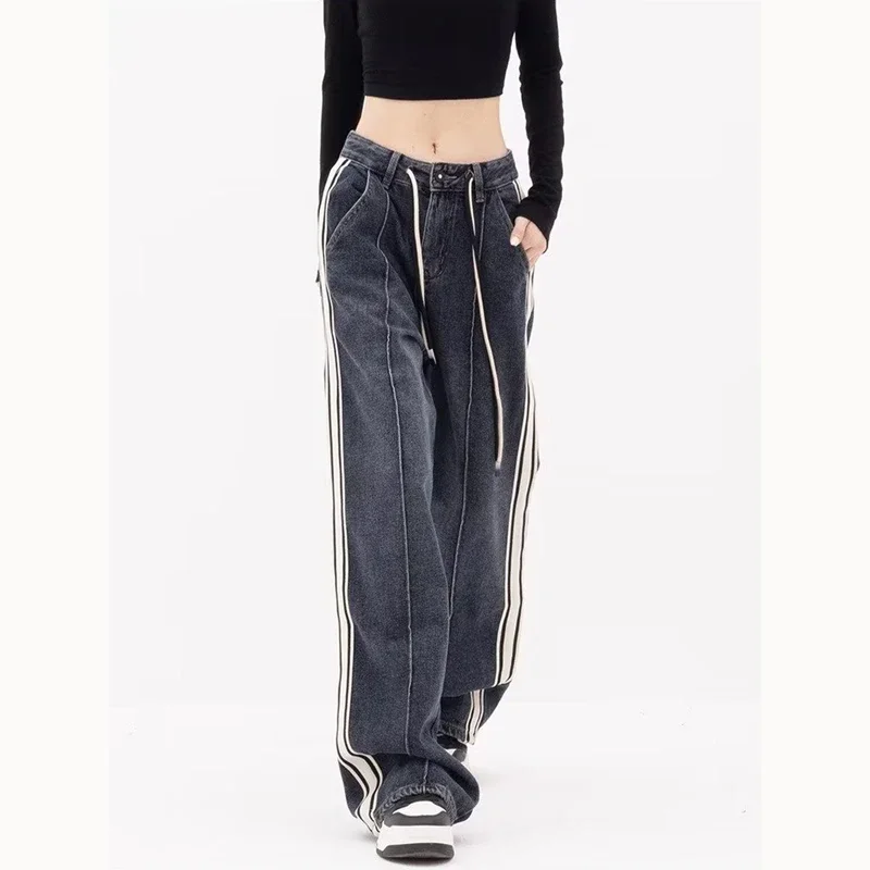 Vintage Straight Drawstring Jeans for Women Loose Straight Pants Dark Wash Striped Wide Leg Trousers Y2K Spring and Summer