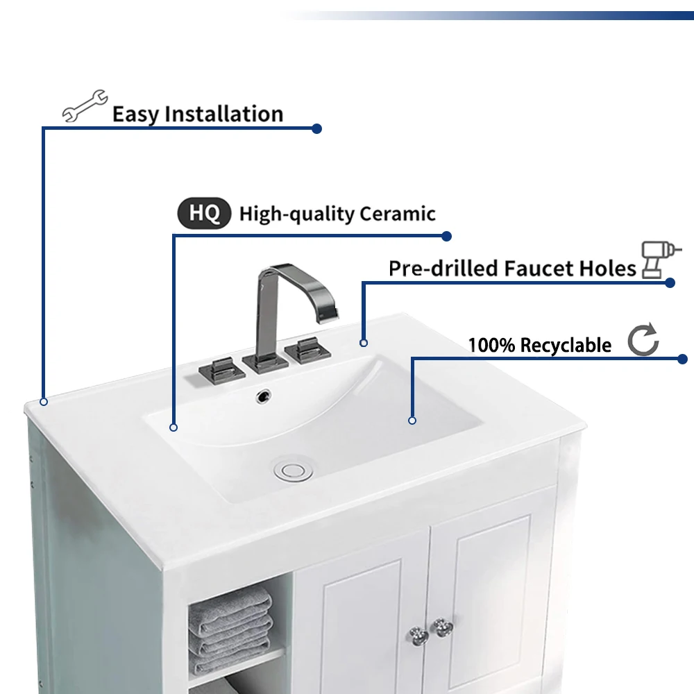 1pc 30inch Porcelain Ceramic Vanity Sink Top, Surface Bathroom Vessel Sink Basin with Three Faucet Holes, Rectangular, Glossy W 4