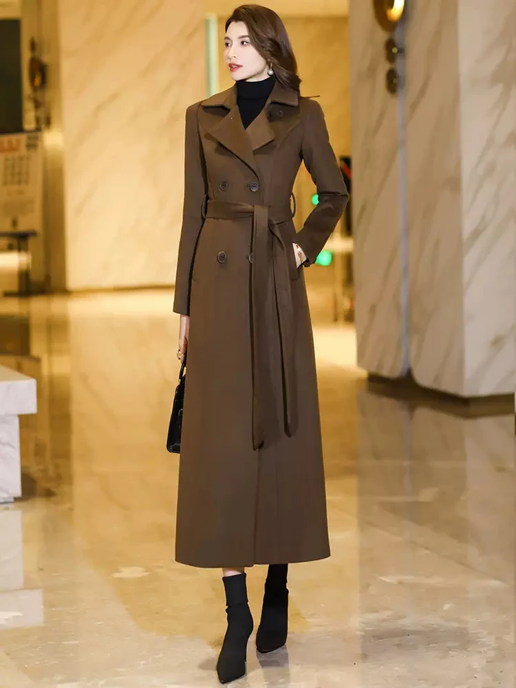 New Women Elegant Long Woolen Coat Autumn Winter Elegant Fashion Turn-down Collar Double Breasted Slim Wool Blended Overcoat