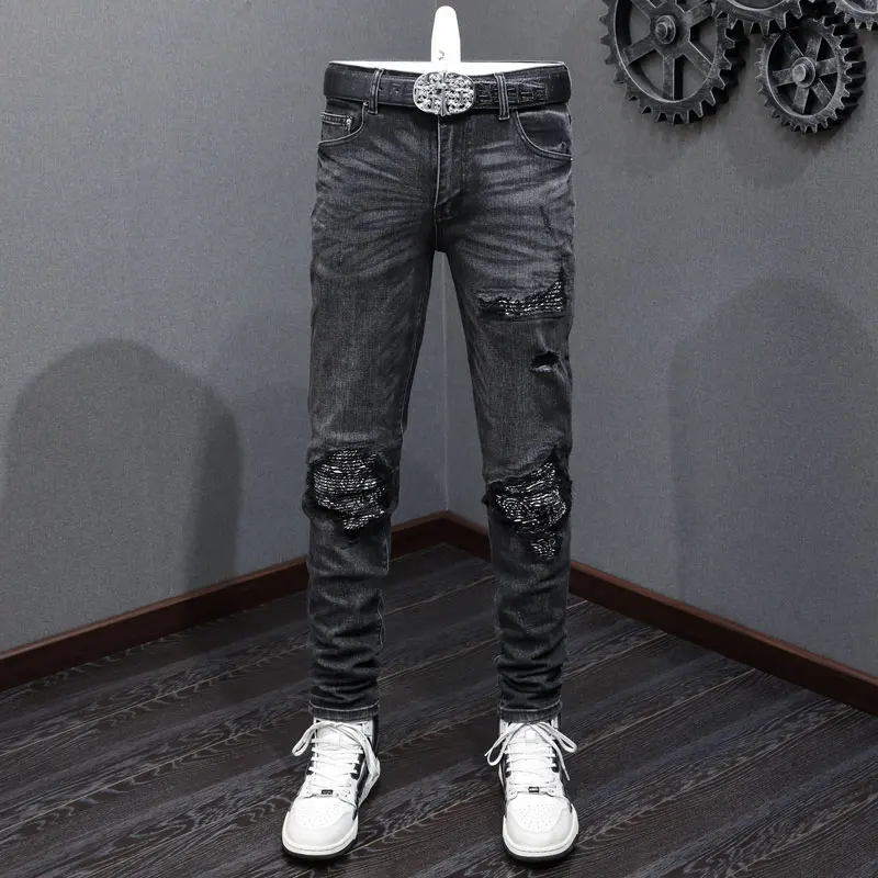 High Street Fashion Men Jeans Retro Black Gray Stretch Skinny Fit Ripped Jeans Men Paisley Patched Designer Hip Hop Brand Pants