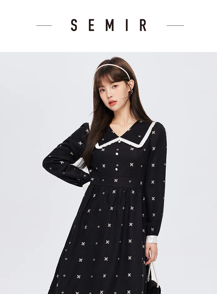 Vestido de mujer con mangas abullonadas y estampado completo, negro, de invierno, con solapa de encaje.