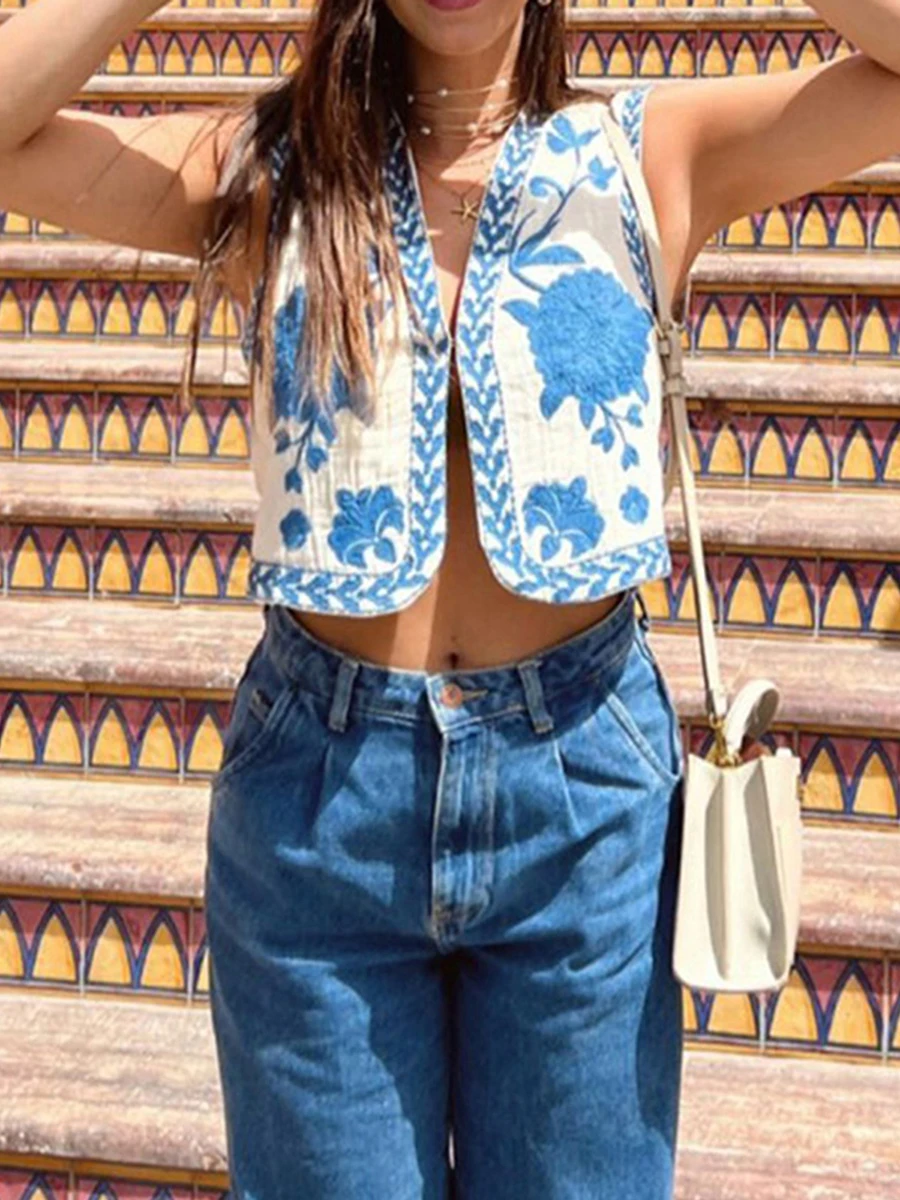 Gilet Vintage Bohème Brodé Floral Sans Manches Ouvert Sur Le