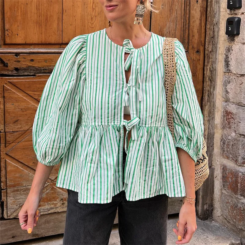 Camisas Y2K para mujer, ropa estética, elegante, color sólido/rayas, manga 3/4, cárdigan con lazo, blusa de los años 2000, ropa de calle