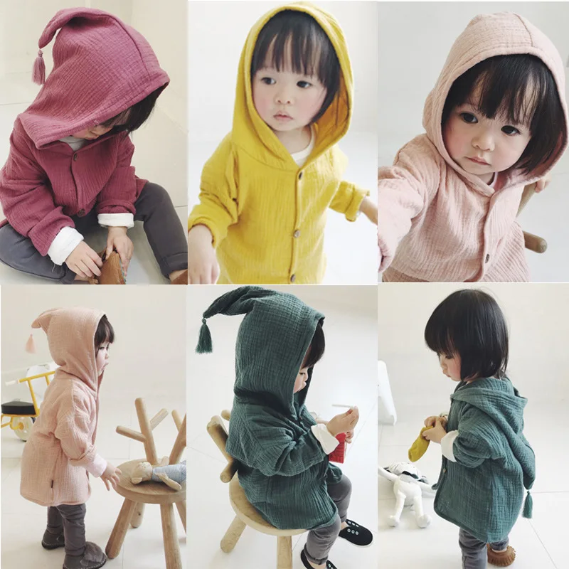 

Autumn Solid Color Children's Cotton And Linen Coat Baby Literary Fan Tassel Hooded Children's Jacket