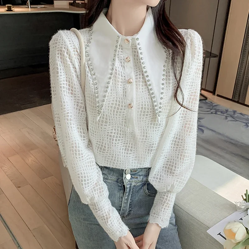 

Autumn Simple Pointed Collar Blouse Fashion Beading Lace Shirt White Women Hollow Long Sleeve Tops Elegant Clothes Blusas 29530