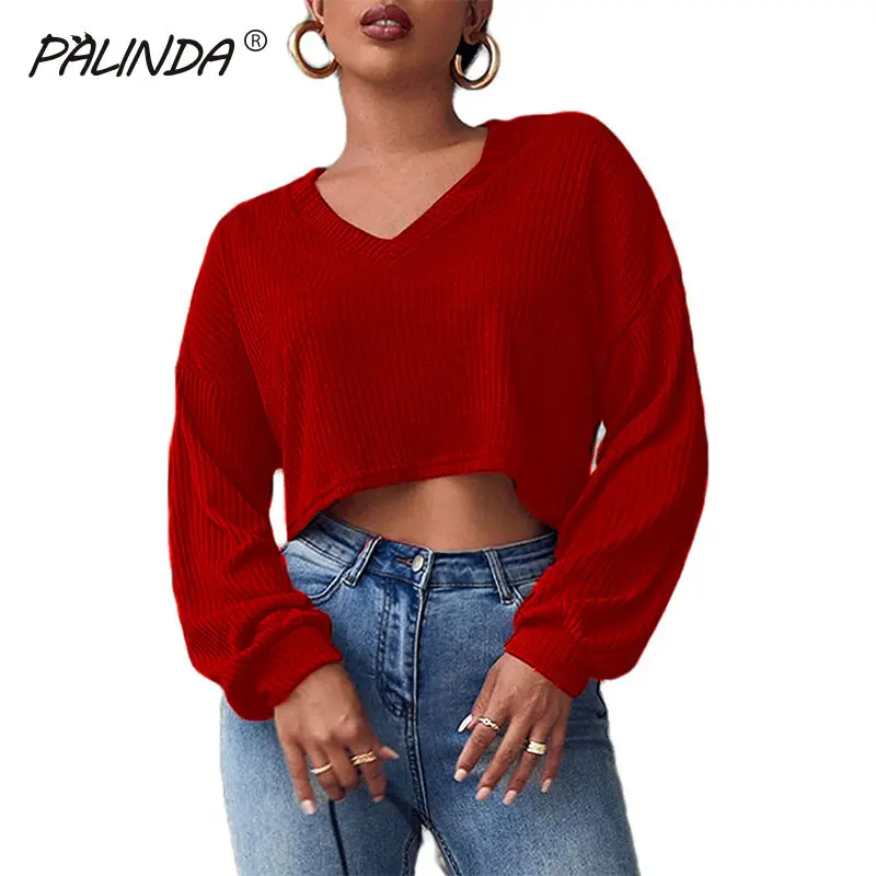 

Autumn White Knit Sexy Tops Women V-Neck Short Crop Tops T-Shirts 2023 Night Club Party Tees Thin Ribbed T Shirt Blouses G1277