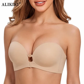 Reggiseno senza spalline con chiusura frontale, imbottito push-up, antiscivolo, senza ferretto, sostegno invisibile, senza cuciture, con inserti per aumentare il volume