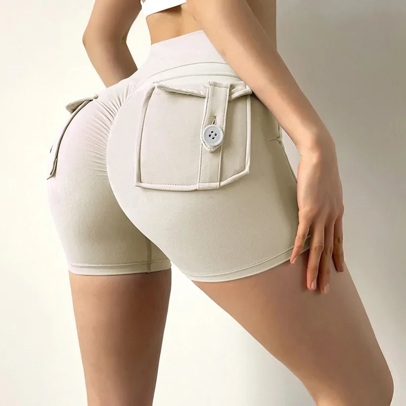 2024 New Women Shorts Pockets Sexy Solid Color Tight High Waist Workout Quick Drying Shorts Fitness Tights