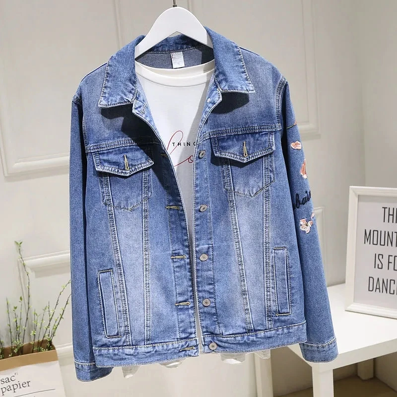 

2023 Spring New Denim Jacket Women Upscale Casual All-Match Embroidered Vintage Lapel Loose Temperament Blue Jackets Top Female