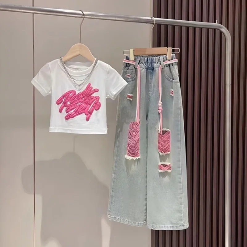 Children's 3D Graffiti Short Sleeve + Colorful Denim Ripped Pants Set Children's Suit Girls' Set kids clothing set,girls clothing set
