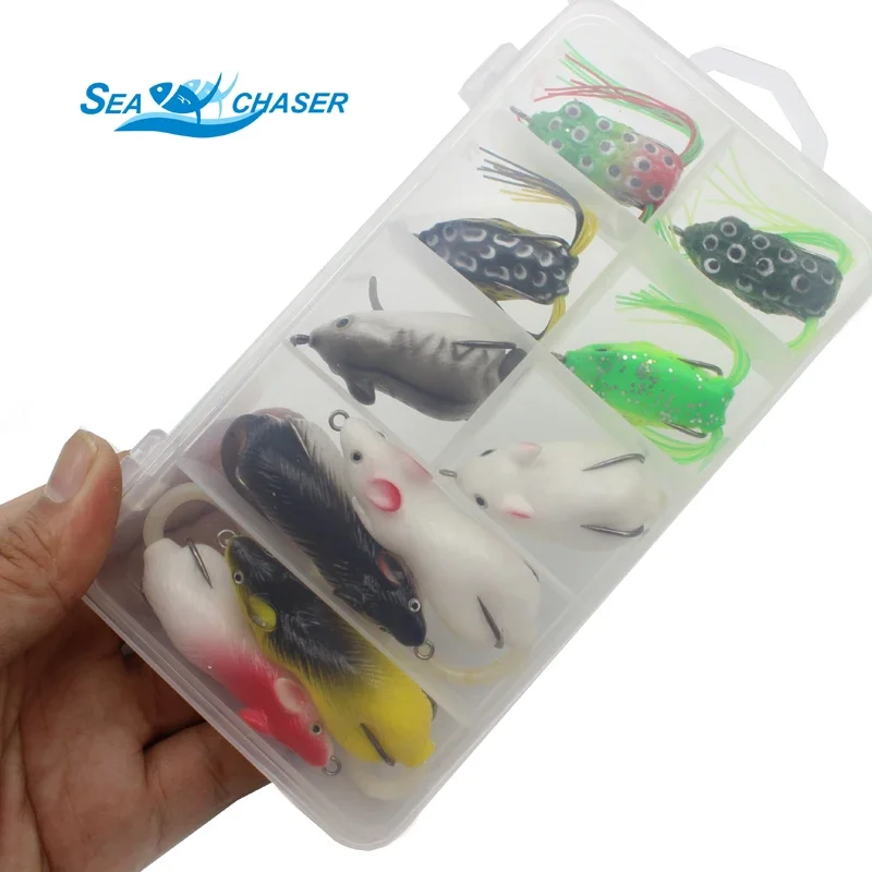 

High Quality 10pcs 10 colors Topwater Frog and Mouse Hollow Body Soft Fishing Lures Bass Hooks Baits Tackle Set and Tackle Box