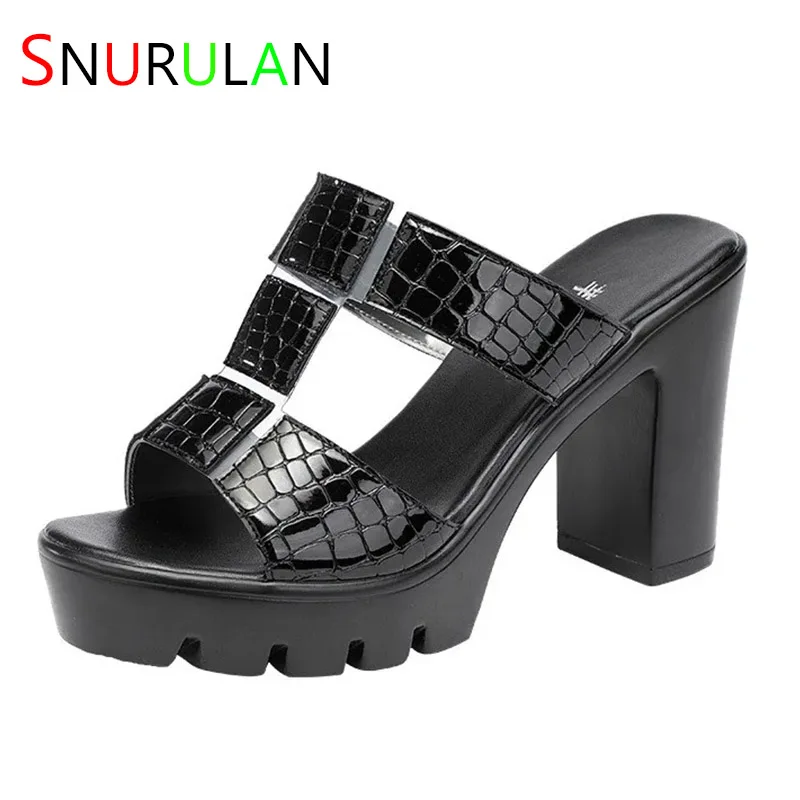 

Small Size 32-43 Elegant Office Ladies Block High Heels Shoes Summer Slippers Women 2023 Patent Leather Slides Platform Shoes