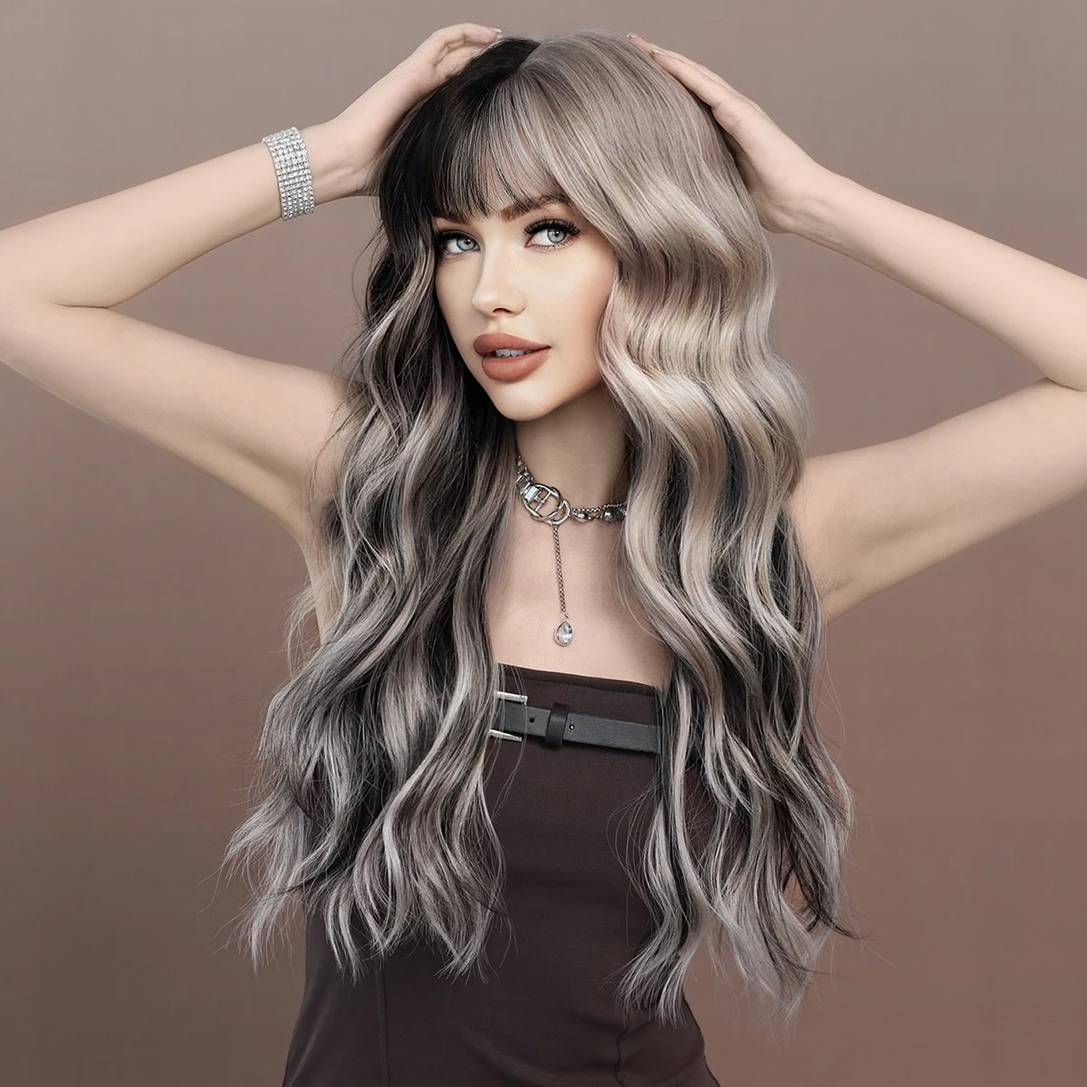 7JHH WIGS Long Body Wavy Silver Ash Hair Wig with Bangs for Women Daily Party High Density Hair Ombre Wigs Heat Resistant Fiber