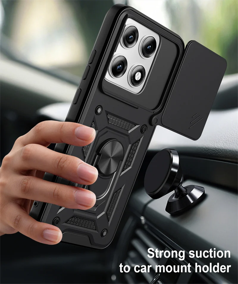 Lens Slide Armor Protection Phone Cover with Car Magnetic Ring Stand