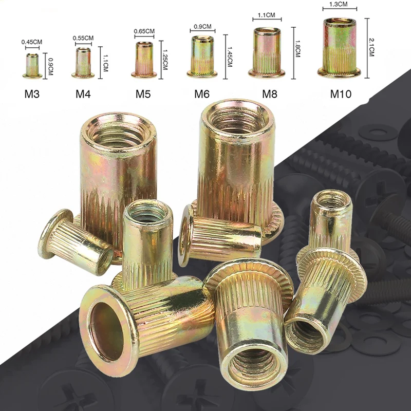 10pcs M3 M4 M5 M6 M8 M10 Flat Head Rivet Nuts Set Threaded Riveter Insert Nutsert Cap Carbon Steel rivet nuts set