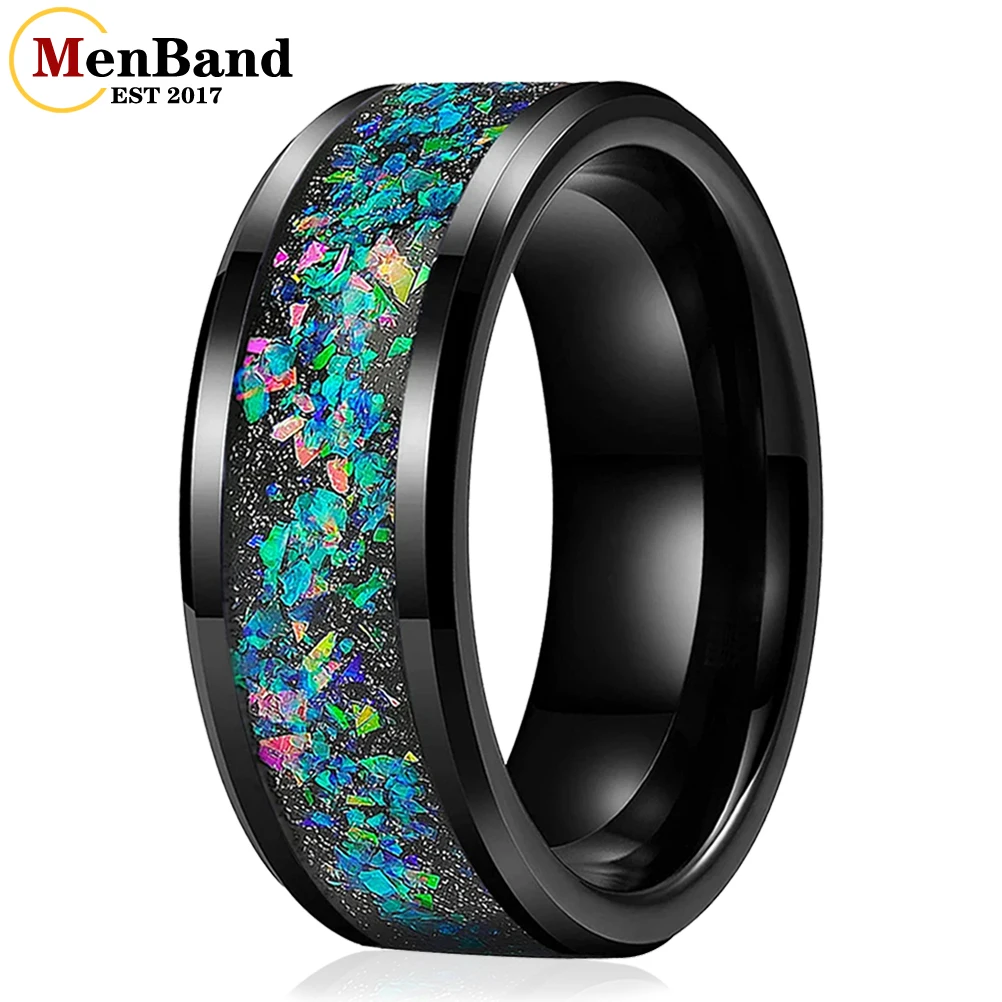 MenBand Black 8MM Men Women Tungsten Carbide Wedding Band Ring With Galaxy Series Opal Inlay Polished Beveled Fashion Comfort 8mm men s tungsten carbide wedding band white meteorite black carbon fiber valentine engagement ring dome polished comfort fit