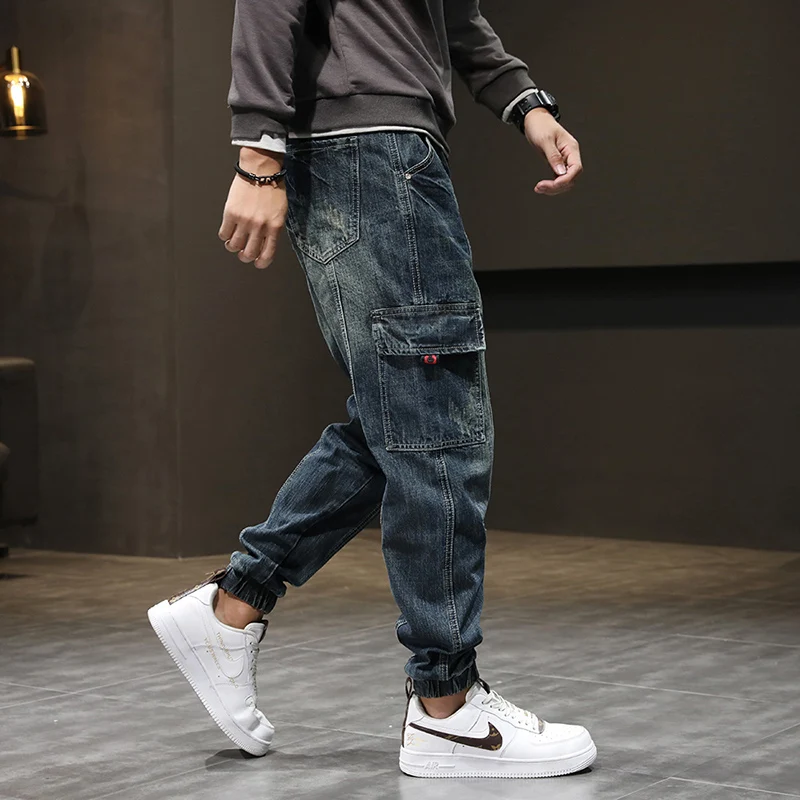 Streetwear Fashion Ripped Jeans Men Loose Fit Retro Washed Spliced Designer Casual Denim Cargo Pants Printed Hip Hop Joggers Men