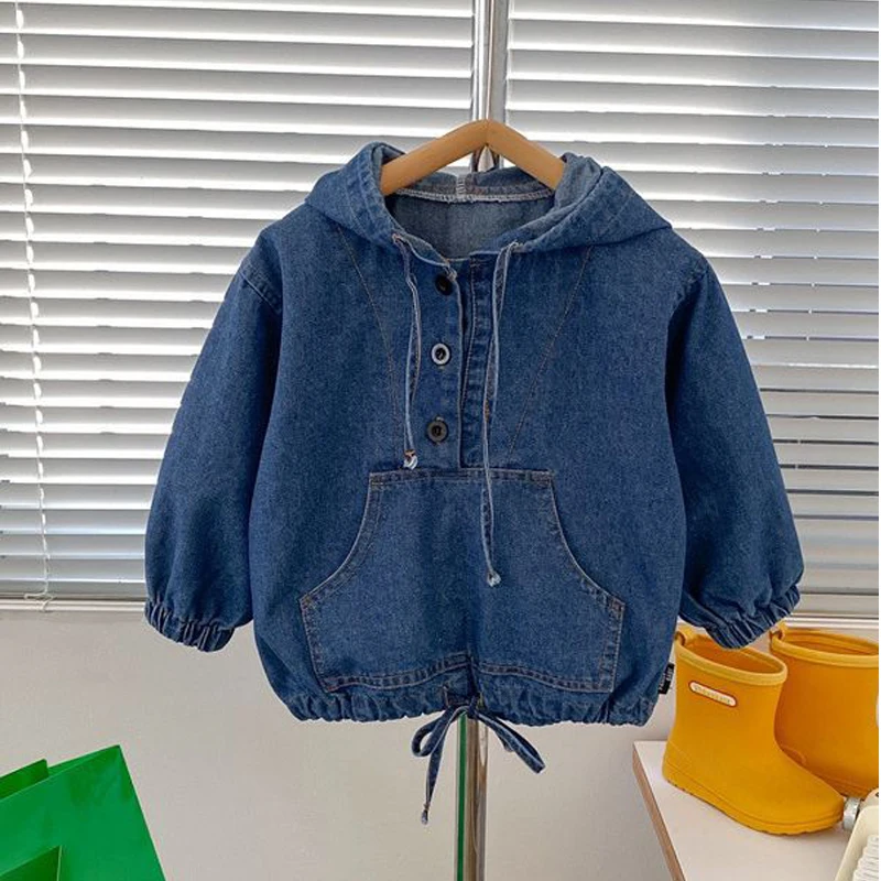 

Детская джинсовая куртка с капюшоном, Повседневная Свободная куртка с капюшоном, в Корейском стиле, для мальчиков и девочек, осень 2023
