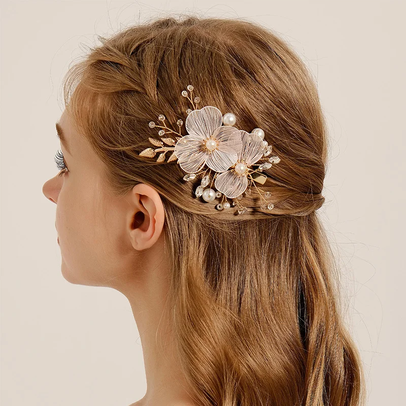 Fashion Gold Color Flower Bridal Barrettes pearl Rhinestone hair clip For Friends Pearl Bridal Wedding Hair Accessories hair accessories bridal hair accessories bridal jewelry set