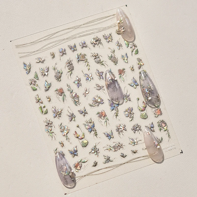 반짝이는 연꽃 다채로운 나비 레트로 중국 스타일 크레인 선풍기 대나무 릴리프 셀프 접착 네일 아트 스티커, 매니큐어 데칼