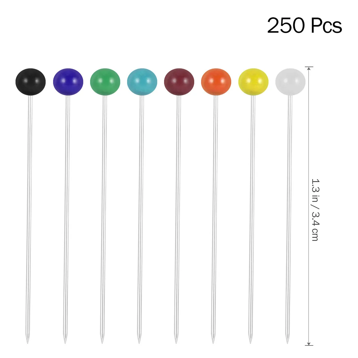 250개 유리 헤드 핀, 다양한 색상, 4mm 헤드, 34mm 핀, 바느질, 의류 제작, 공예, 자수, 웨딩 파티에 적합