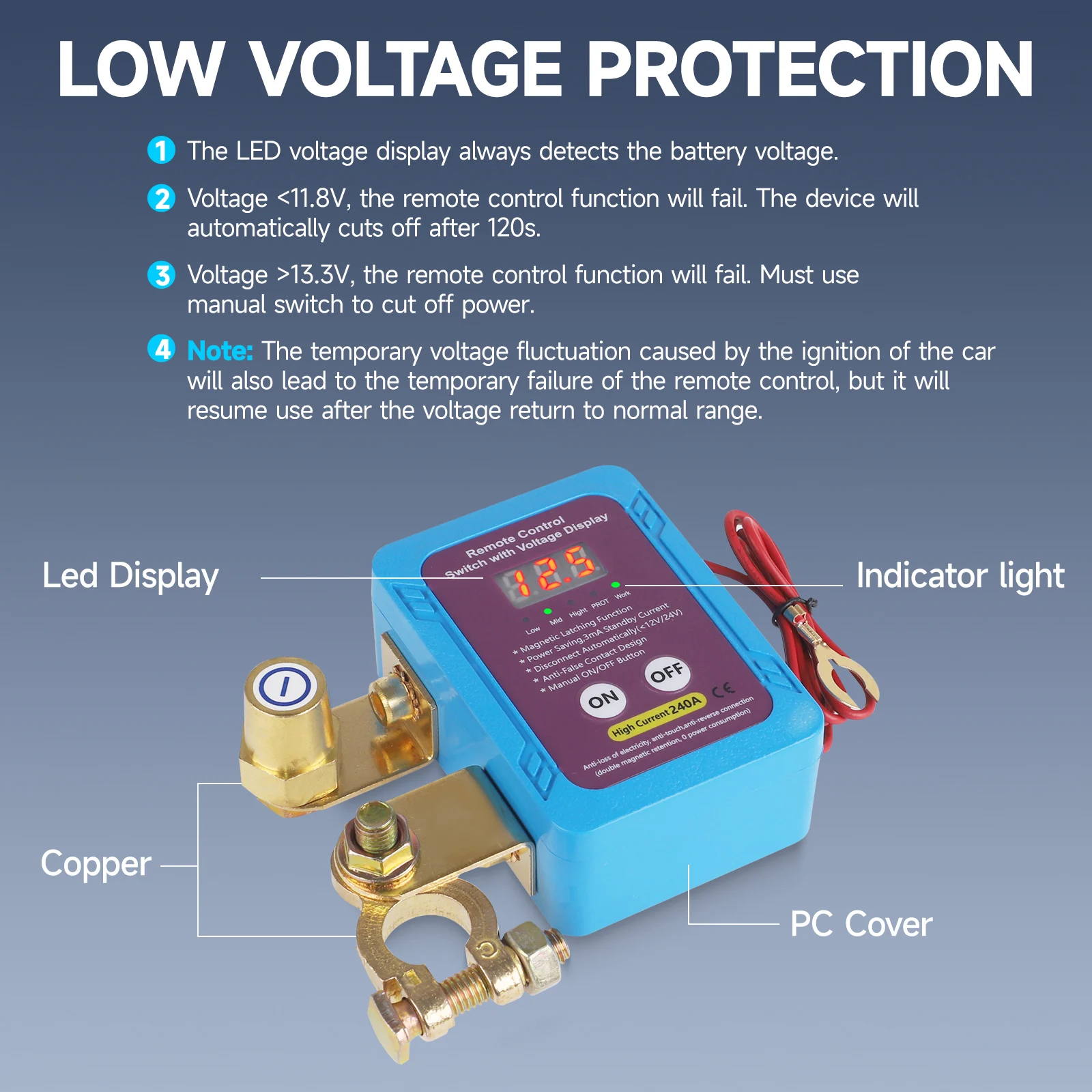 Cllena 12V Remote Battery Kill Switch – 240A With LED Voltage Display, Anti-Theft Cut-Off For Car, RV, Boat - View #11