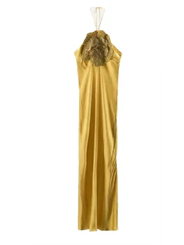 Abito lungo senza maniche da donna di lusso con decorazione floreale Elegante abito da sera formale simile alla seta con scollo all'americana e abito estivo