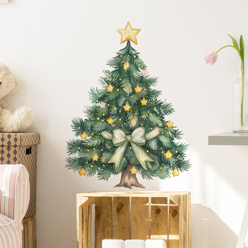 Christmas Tree Stars Wall Stickers Christmas Room Background Decor Mural New Year Festival Home Decoration Self-adhesive Decals