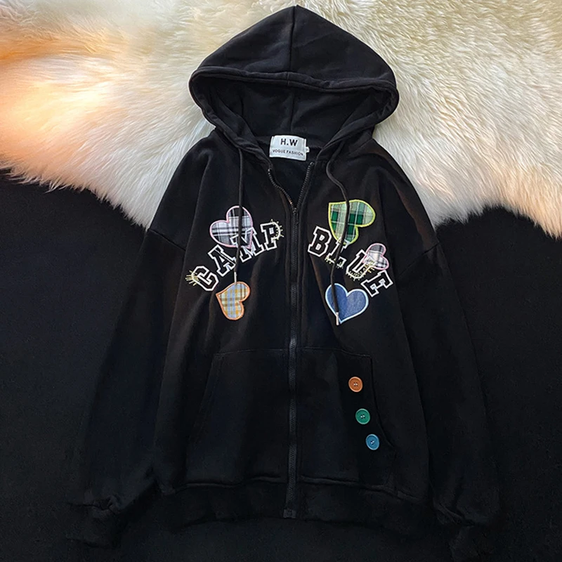 

Sweatshirt Hoodie Retro Camp Blue Hooded Cardigan Sweatshirts Gray Women Clothes Zip Up Hoodies Korean Autumn Tops Long Sleeves