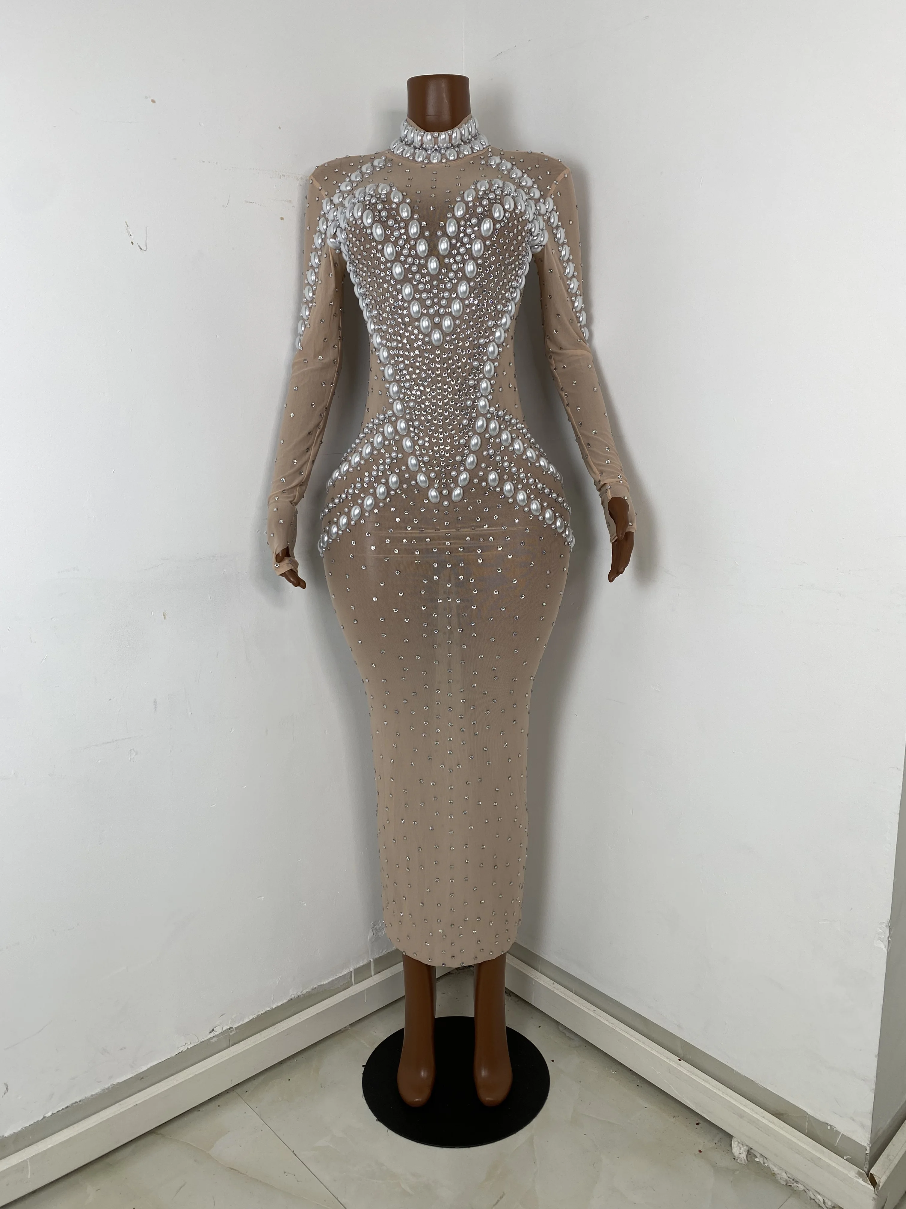 Women Sexy Long Sleeve Pearl Rhinestone Bodycon Maxi Long Dress Party  Costume Bar Nightclub Stage Performance Clothing - AliExpress 200000345