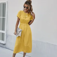 

2022 Summer Short Sleeve Dress Women Casual Big Hem Beach Holida Long Dress Elegant Fashion Black A-line Midi Party Dresses
