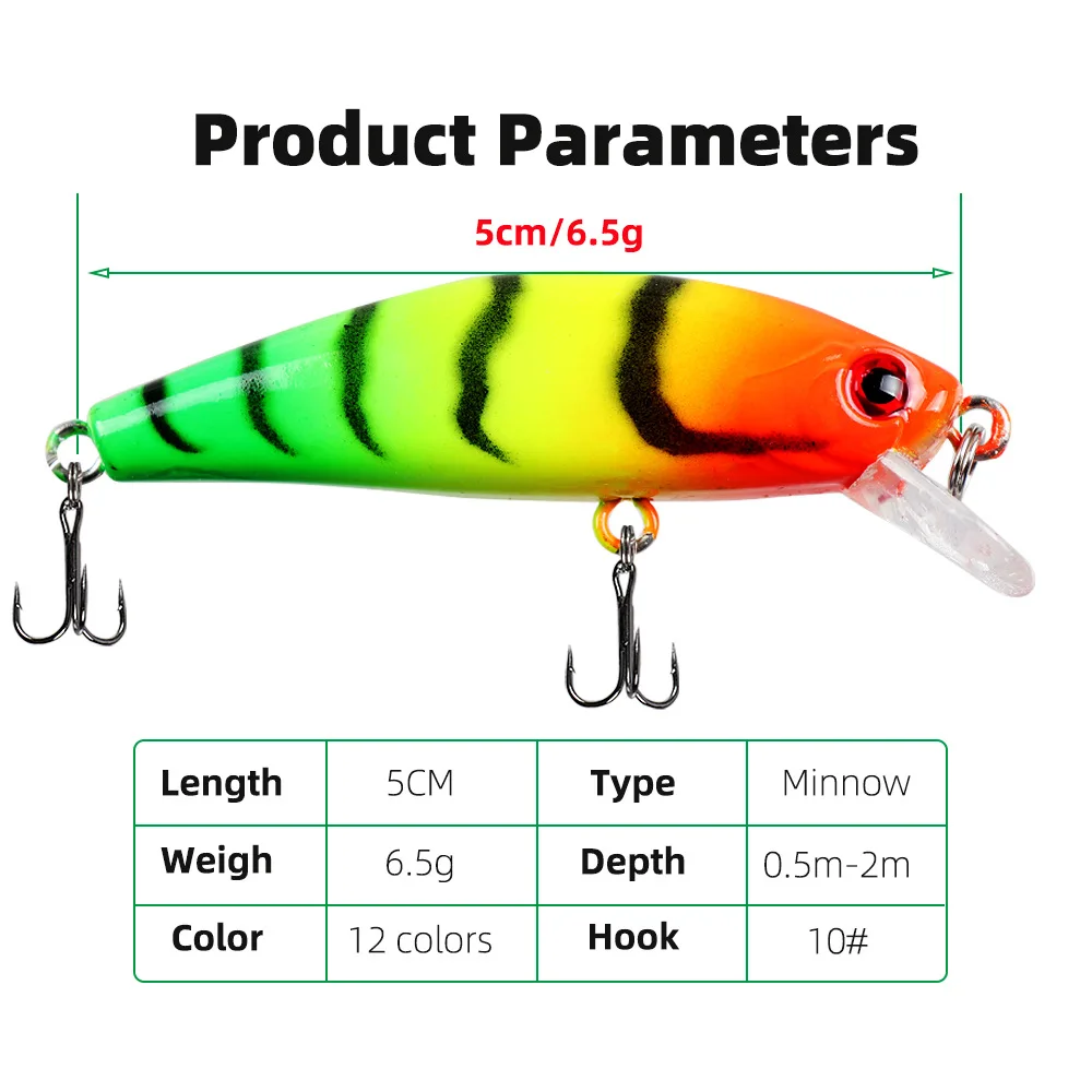 Fishing Lure 6.5g/5cm Sinking Minnow Peacock Bass Fishing Bait with 2 Trible Hook 2