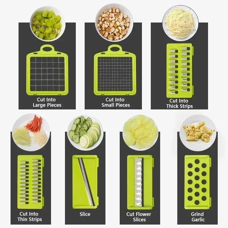 Description Picture 6 of itemMultifunctional Vegetable Chopper 14/16 in 1 Slicer Shredder with Basket Fruit Slicer Potato Shredder Carrot Grind Gadgets