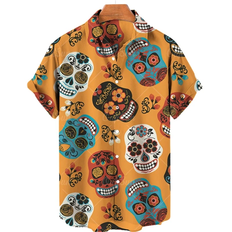 

Vintage Men's Shirts Hip Hop Skull Print Short Sleeve Oversized Tops Casual Hawaiian Men Clothing Lapel Buttons Shirt Streetwear