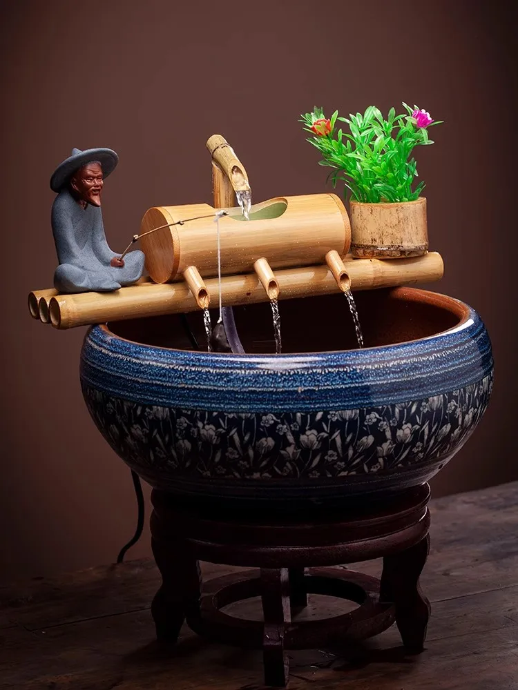 Bamboo Aquarium Water Recycling Feng Shui Decoration Tube Water Fountain Stone Trough Filter Office Desktop Furnishings