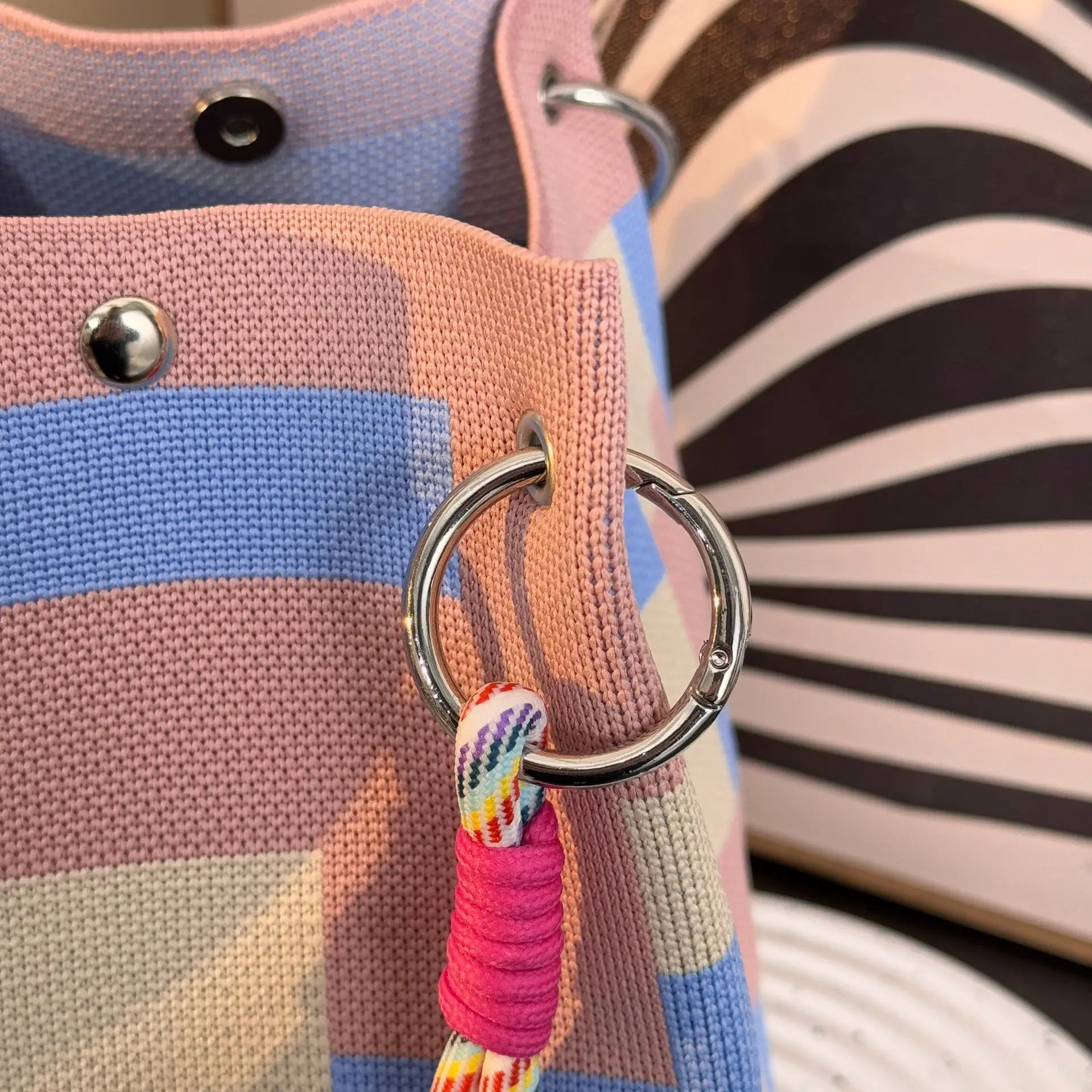 Colorful Stripe Handbag Large Capacity Bucket Rope Knot Spring Autumn Travel Versatile Soft Polyester Lining Mobile Phone Bag