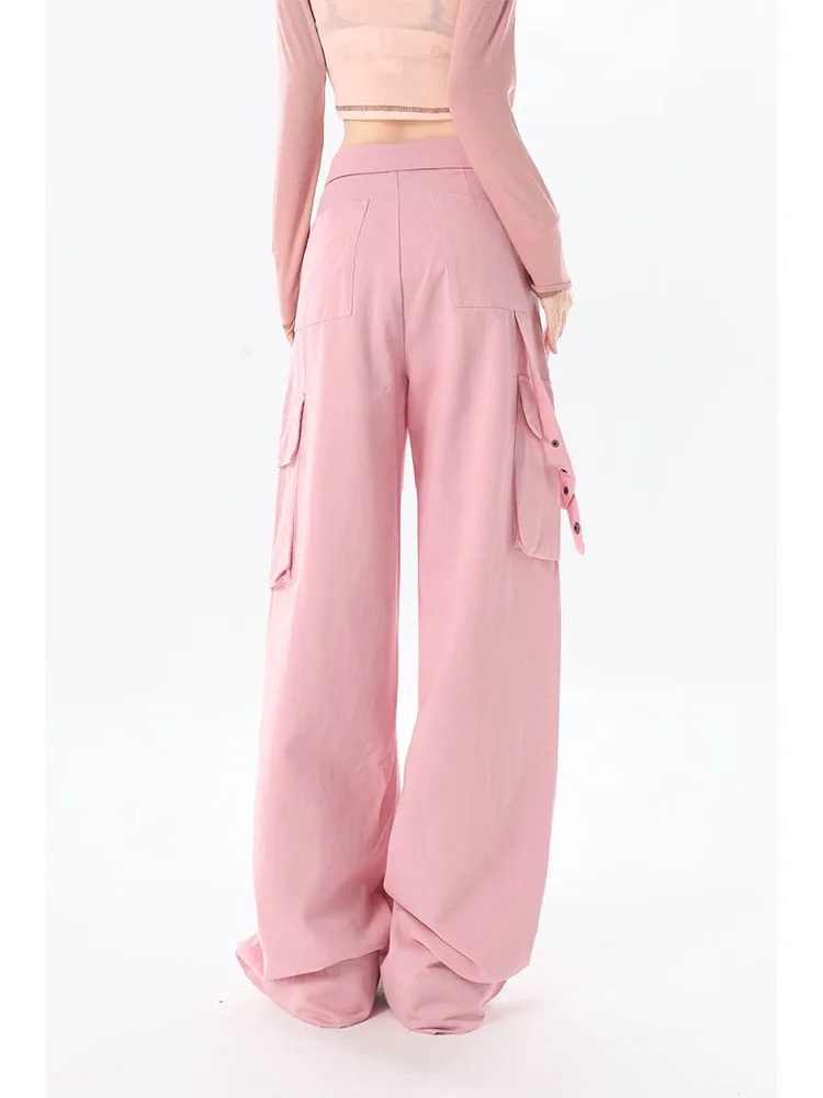 Pink Overalls Women's Washed Cotton Versatile Fashion Loose Casual New Autumn and Winter Warm High Waist Straight Wide-Leg Pants