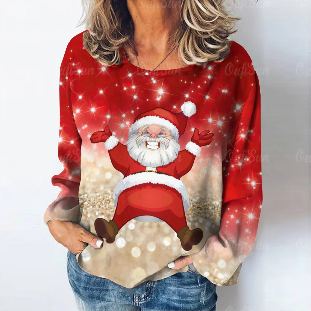 

Christmas Santa Painting Long Sleeve T-shirt Women's Autumn Winter Cute Casual Pullover Kawaii Printed Clothes Festival Design
