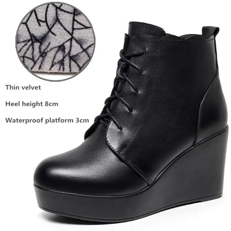 Genuine Leather Platform Lace Zipper Ankle Boots Women Fashion Wedge Shoes Winter Women High Heels Warm Women Snow Boots