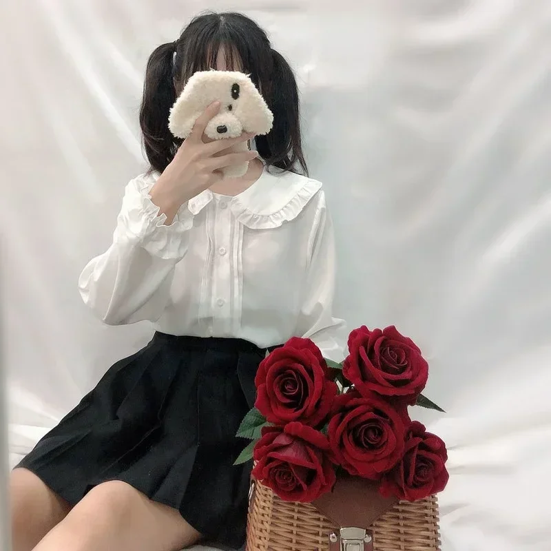 Chemise blanche à col claudine pour femme, chemisiers boutonnés, manches longues, volants mignons, style Lolita, esthétique Mori Girl, Kawaii, Y-Lolita 1 Chemise blanche à col claudine pour femme, chemisiers boutonnés, manches longues, volants mignons, style Lolita, esthétique Mori Girl, Kawaii, Y-Lolita 1