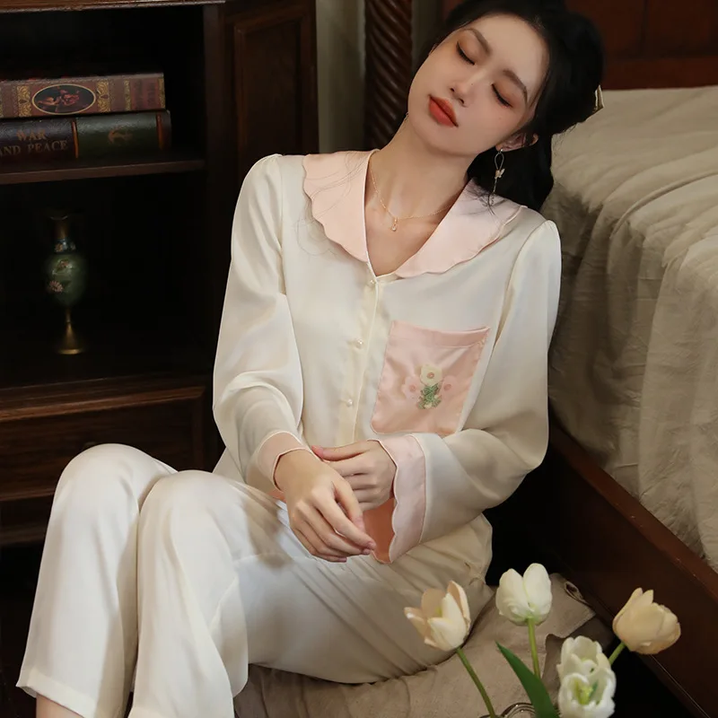 SXTHAENOO Comfortable Pajama Casual Shirts French Princess Ice Silk Pijamas Set For Women Simple Pocket Flower 2Pices Sleepwear