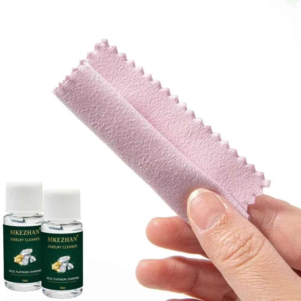 Jewelry Cleaner Solution & Polishing Cloth Set Gold Silver Diamond Tarnish Remover 10ml Liquid + 50pcs Wipes