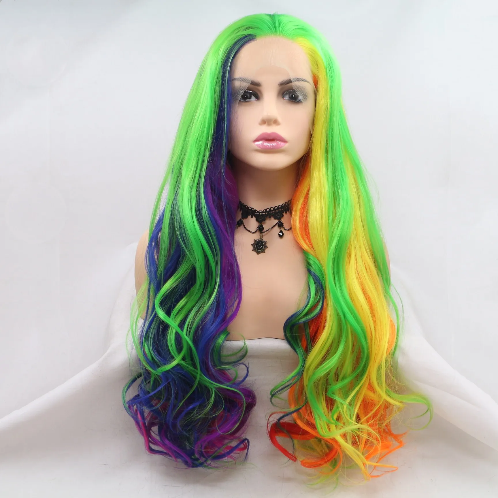 Melody Synthetic Wig Yellow to Purple Neon Green Mix Purple Pink Long Wave Lace Front Wig Natural Wavy Rainbow Hair