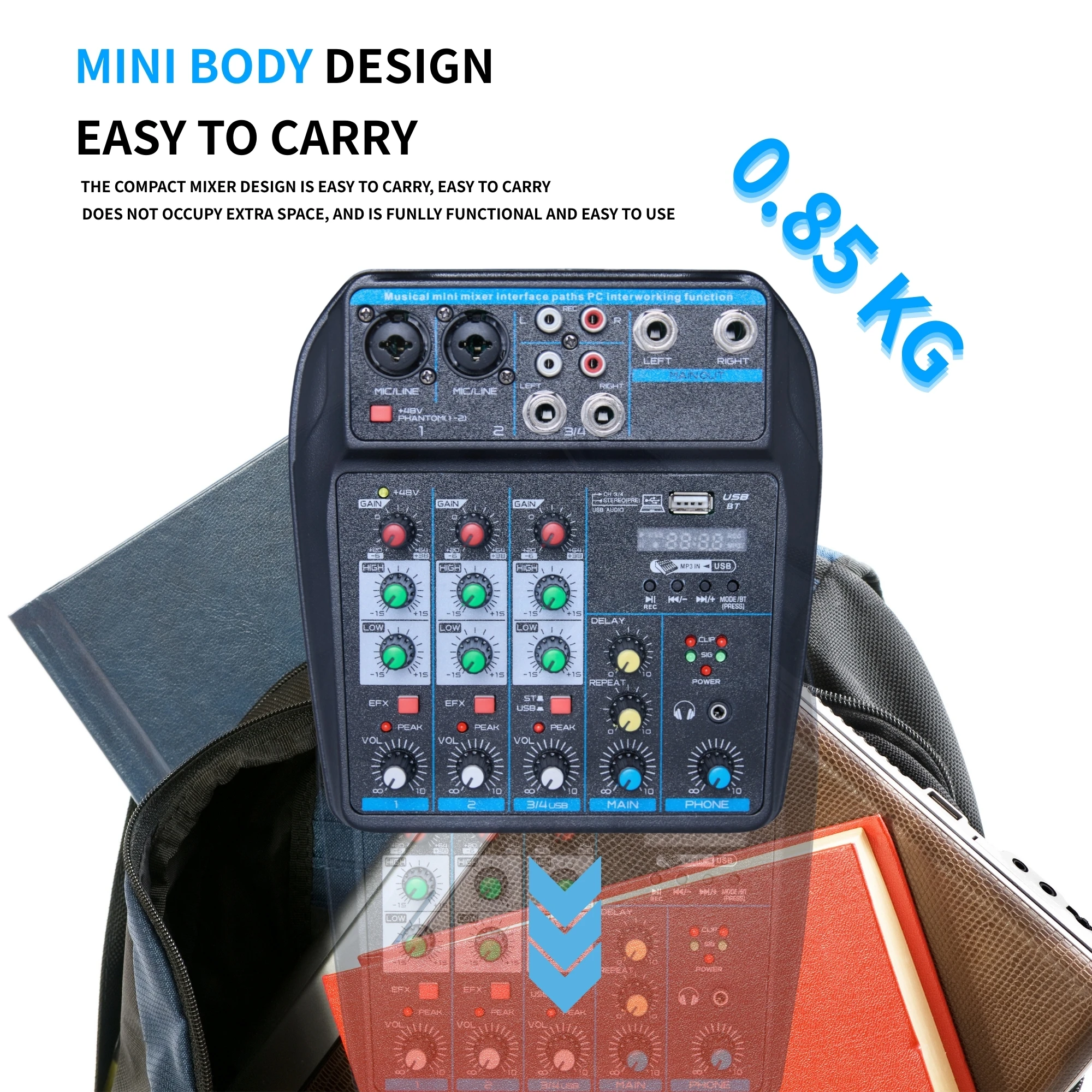 전문가용 4채널 DJ 오디오 믹서, USB MP3 입력 및 48V 팬텀 파워가 있는 블루투스 사운드 보드(노래방, 팟캐스팅, 라이브 방송용)