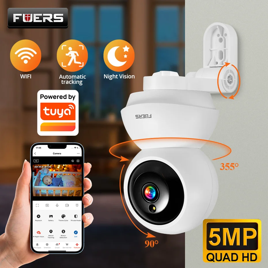 조정 가능한 브래킷이있는 FUERS 4K 8MP WiFi IP 카메라 Tuya 스마트 홈 보안 무선 감시 카메라 베이비 모니터 미니 캠