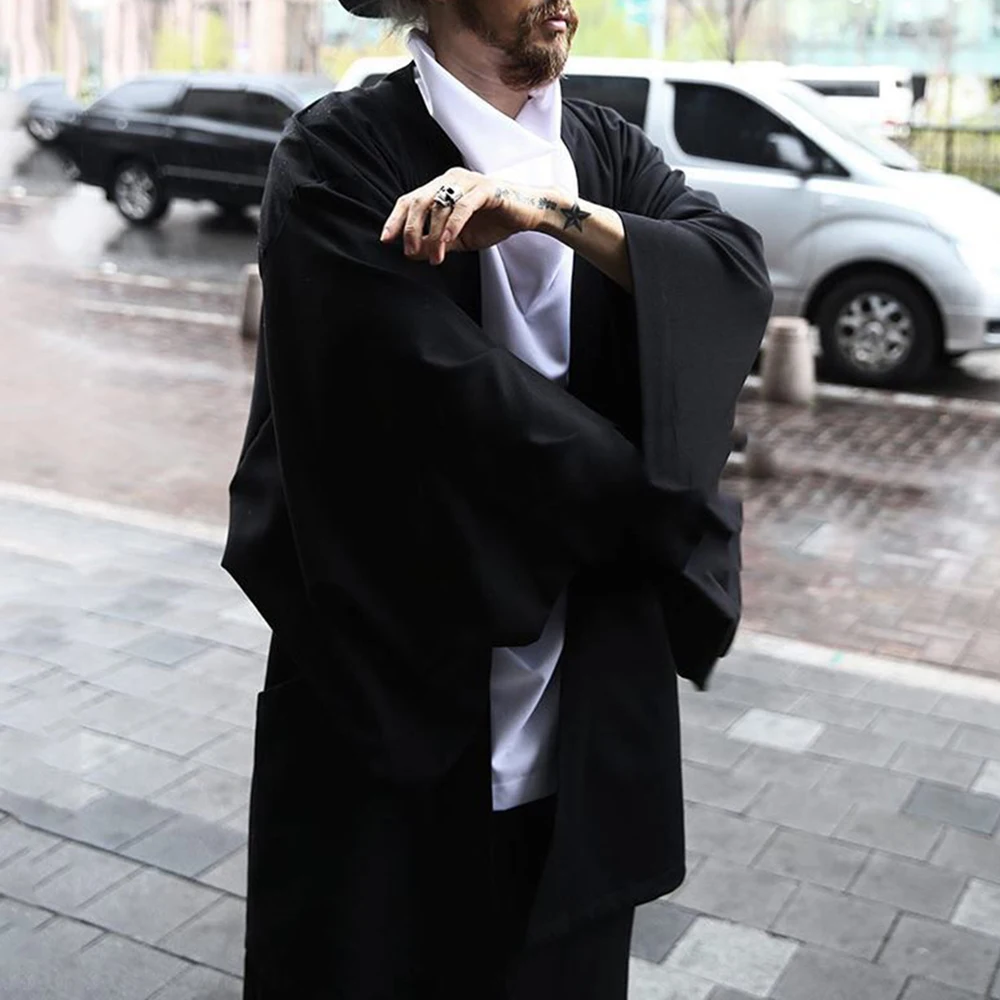 Mens Fashion Solid Color Bat Sleeve Cardigan Autumn New Loose Trend Clothing Mid-Length Versatile Personality Jacket Windbreaker